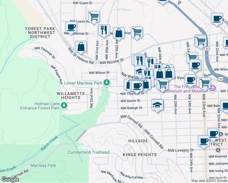 map of restaurants, bars, coffee shops, grocery stores, and more near 2935 Northwest Thurman Street in Portland