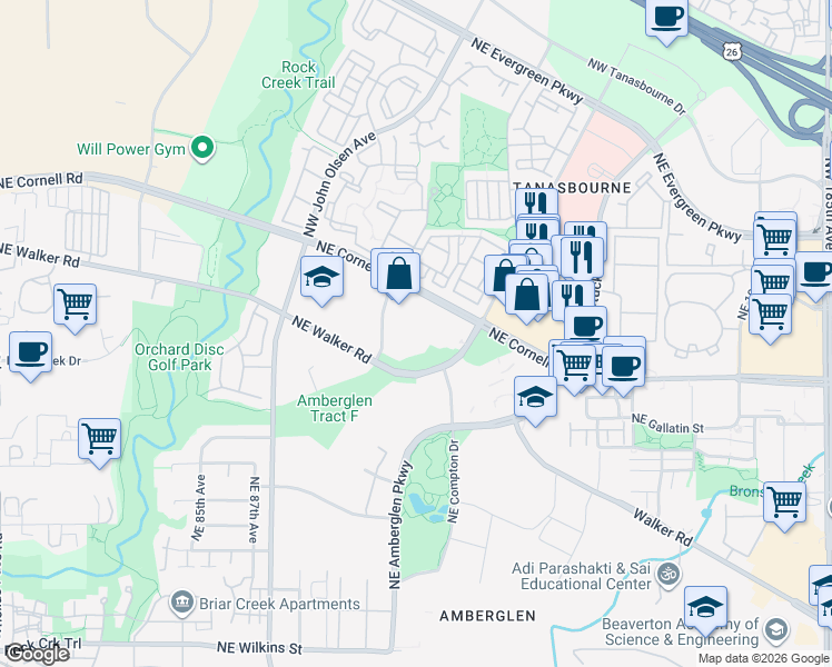 map of restaurants, bars, coffee shops, grocery stores, and more near 2200 Northwest Amberbrook Drive in Hillsboro