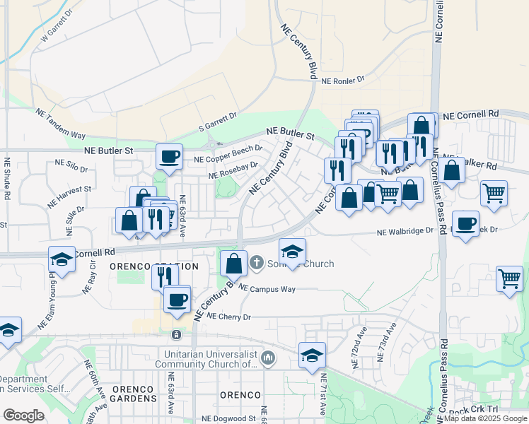 map of restaurants, bars, coffee shops, grocery stores, and more near 6710 Northeast Vinings Way in Hillsboro