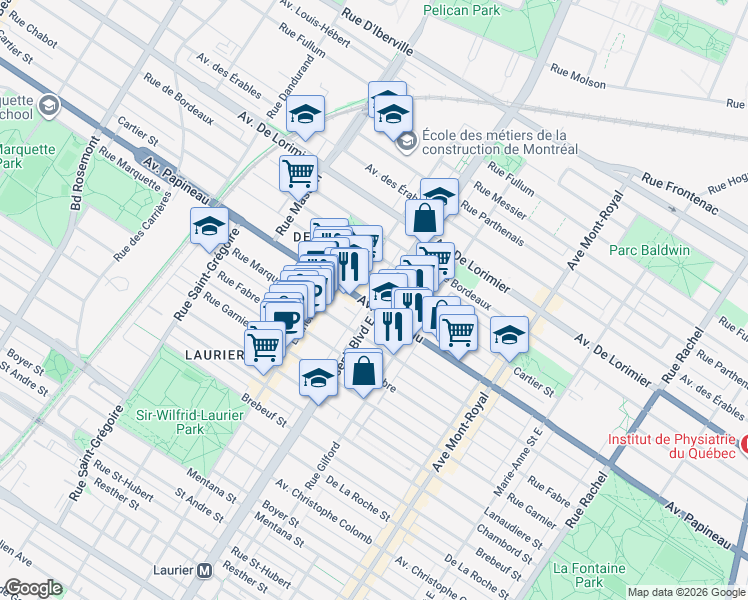 map of restaurants, bars, coffee shops, grocery stores, and more near 1805 Boulevard Saint-Joseph Est in Montréal