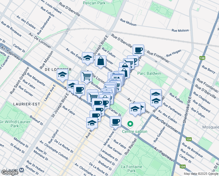 map of restaurants, bars, coffee shops, grocery stores, and more near 4560 Avenue de Lorimier in Montréal