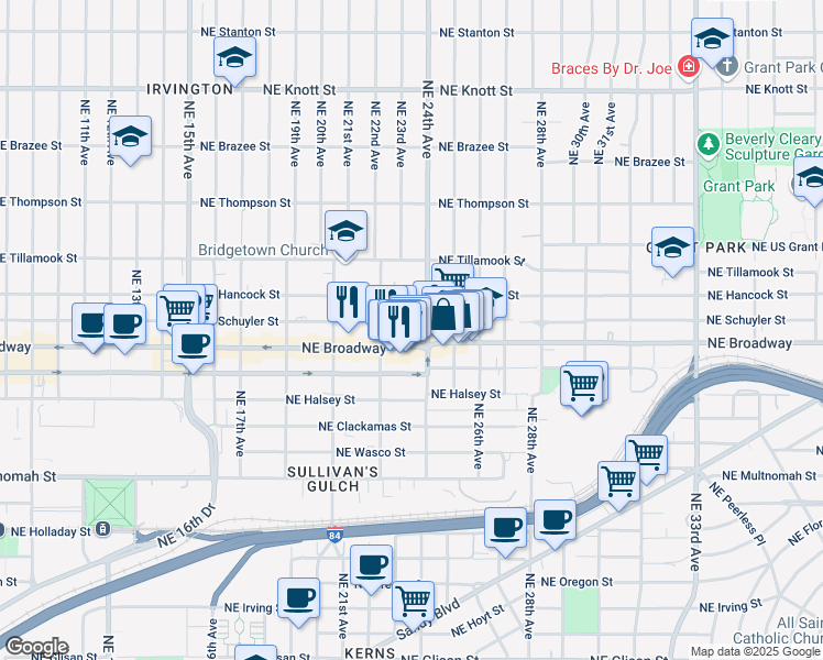 map of restaurants, bars, coffee shops, grocery stores, and more near 2332 Northeast Schuyler Street in Portland