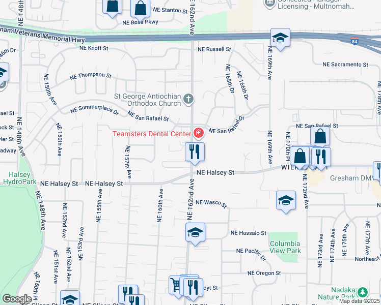 map of restaurants, bars, coffee shops, grocery stores, and more near 1749 Northeast 162nd Avenue in Portland