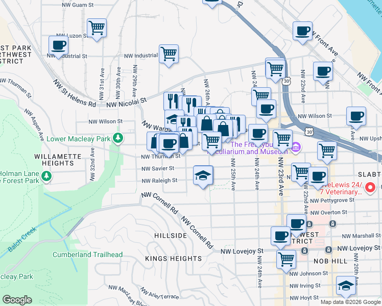 map of restaurants, bars, coffee shops, grocery stores, and more near 2667 Northwest Thurman Street in Portland