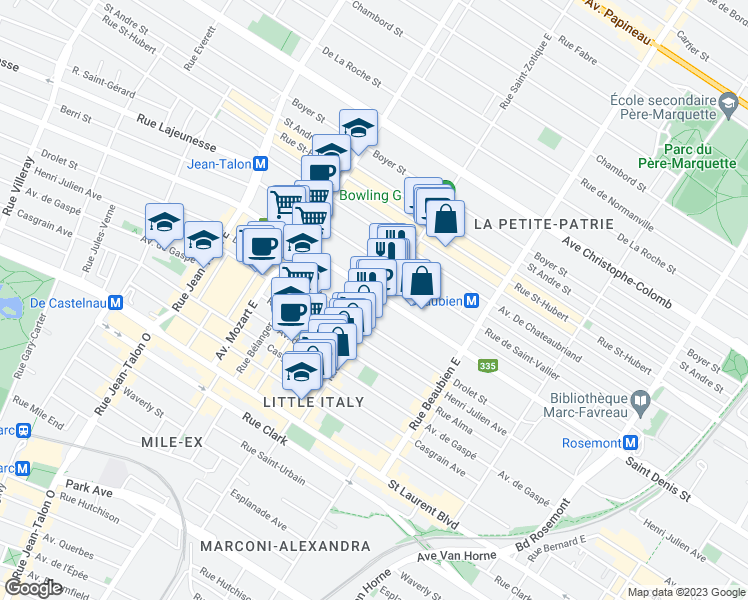 map of restaurants, bars, coffee shops, grocery stores, and more near 6700 Rue Saint-Denis in Montréal