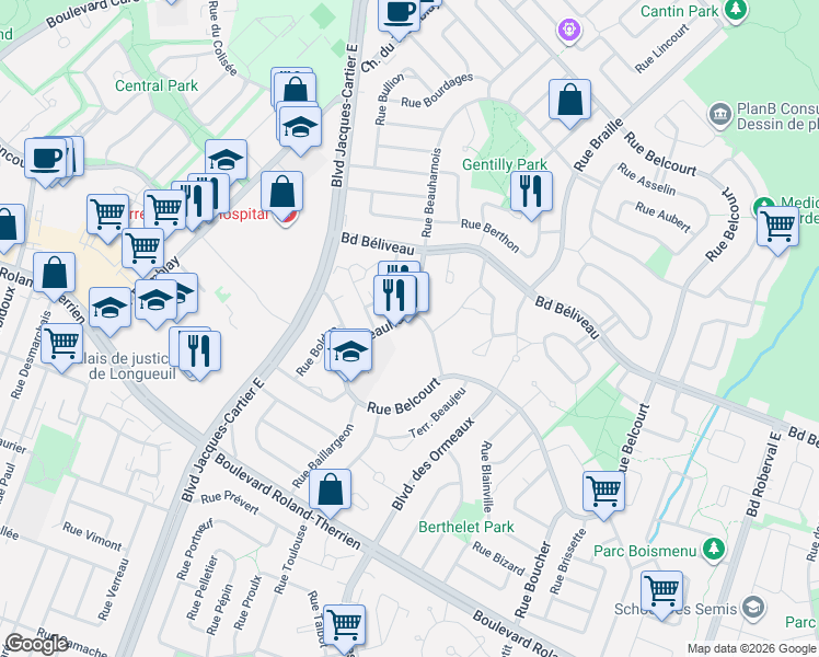 map of restaurants, bars, coffee shops, grocery stores, and more near 1418 Rue Beauharnois in Longueuil