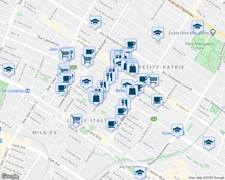 map of restaurants, bars, coffee shops, grocery stores, and more near 6667 Rue Saint-Denis in Montréal