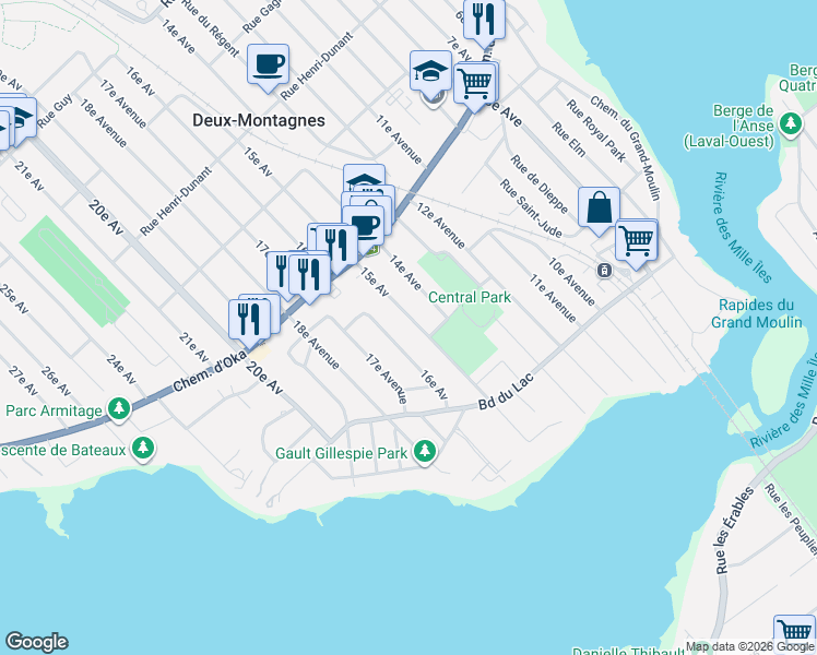 map of restaurants, bars, coffee shops, grocery stores, and more near 96 15e Avenue in Deux-Montagnes
