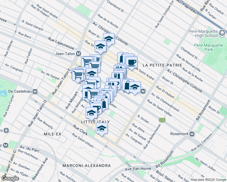 map of restaurants, bars, coffee shops, grocery stores, and more near 6704 Rue Saint-Denis in Montréal