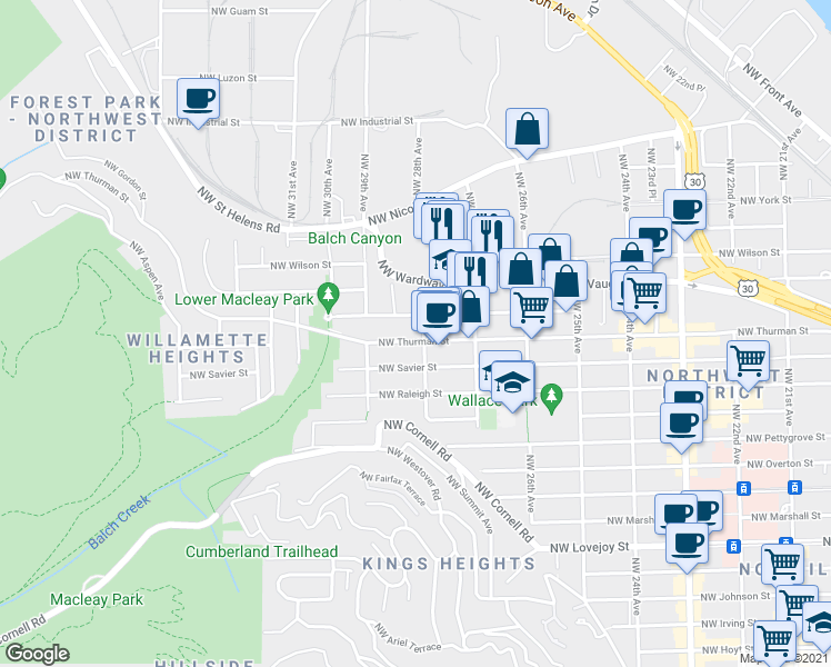 map of restaurants, bars, coffee shops, grocery stores, and more near 1841 Northwest 28th Avenue in Portland