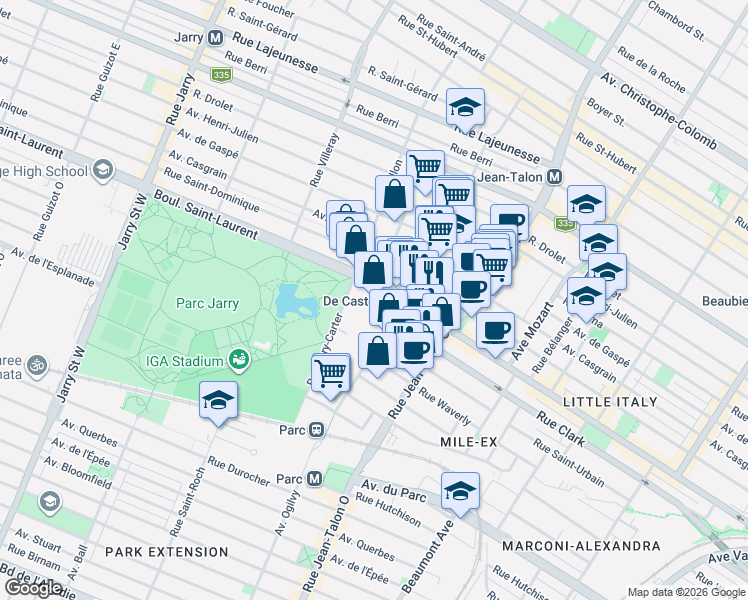 map of restaurants, bars, coffee shops, grocery stores, and more near 7400 Boulevard Saint-Laurent in Montréal