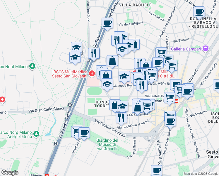 map of restaurants, bars, coffee shops, grocery stores, and more near 311 Via Giuseppe Rovani in Sesto San Giovanni