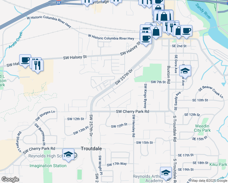 map of restaurants, bars, coffee shops, grocery stores, and more near 854 Southwest Alder Circle in Troutdale