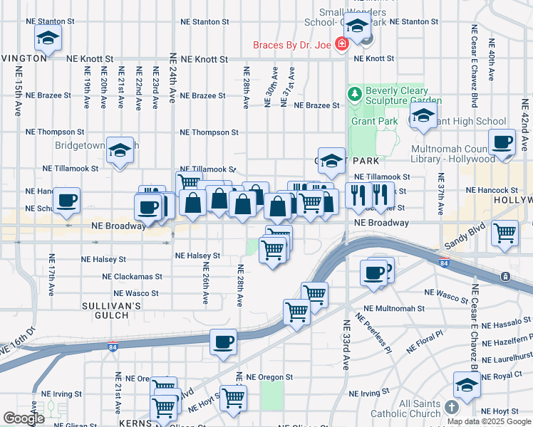 map of restaurants, bars, coffee shops, grocery stores, and more near 2916 Northeast Schuyler Street in Portland