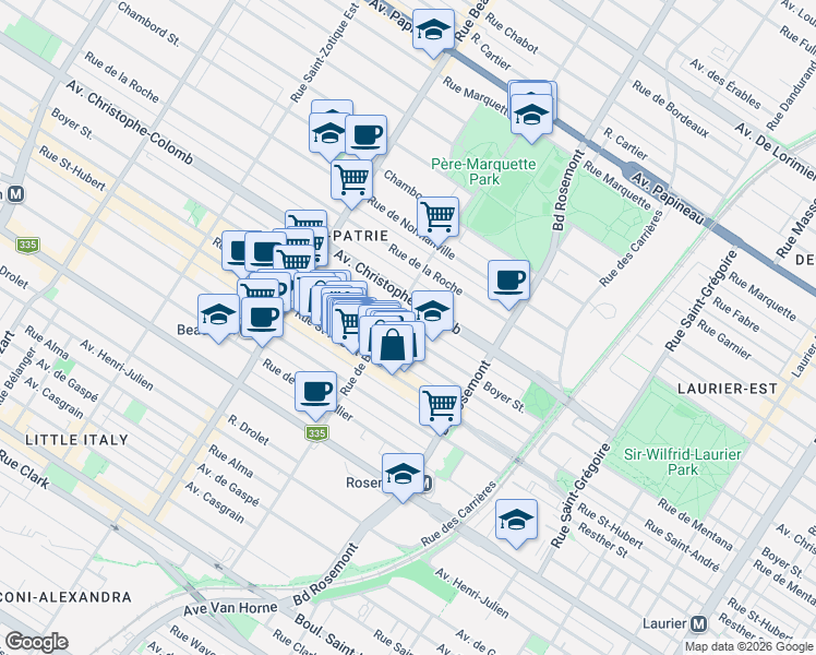 map of restaurants, bars, coffee shops, grocery stores, and more near 5999 Rue Boyer in Montréal