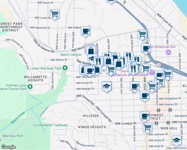 map of restaurants, bars, coffee shops, grocery stores, and more near 2733 Northwest Thurman Street in Portland