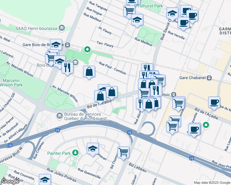 map of restaurants, bars, coffee shops, grocery stores, and more near Rue Jules Crépeau in Montréal