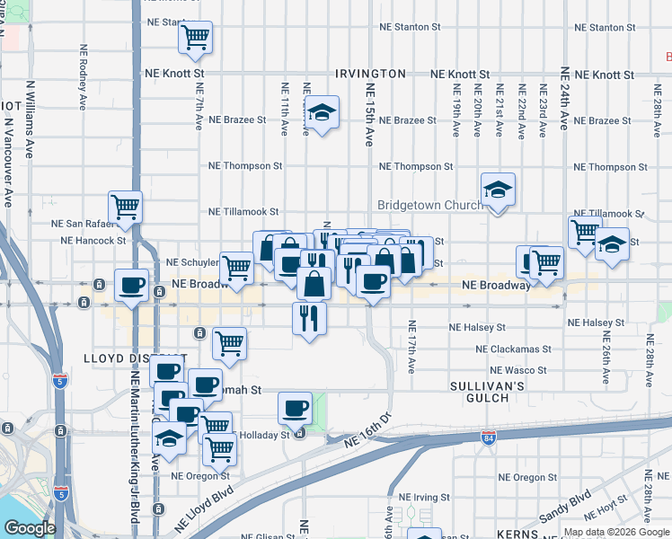 map of restaurants, bars, coffee shops, grocery stores, and more near 1312 Northeast Schuyler Street in Portland