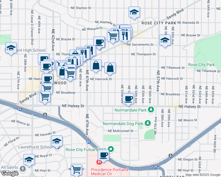 map of restaurants, bars, coffee shops, grocery stores, and more near 1726 Northeast 50th Avenue in Portland