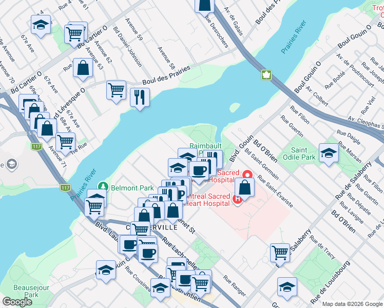 map of restaurants, bars, coffee shops, grocery stores, and more near 12396 Rue Notre-Dame-des-Anges in Montréal