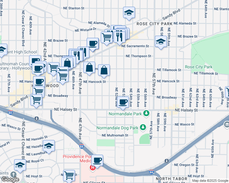 map of restaurants, bars, coffee shops, grocery stores, and more near 1725 Northeast 52nd Avenue in Portland