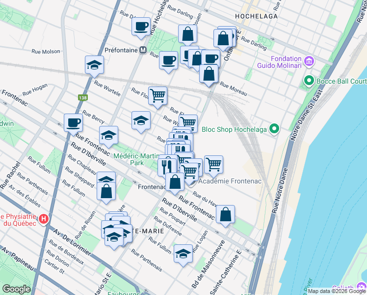 map of restaurants, bars, coffee shops, grocery stores, and more near 2015 Rue Hogan in Montréal