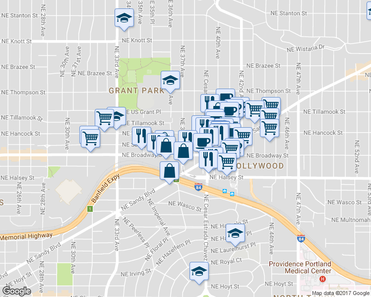 map of restaurants, bars, coffee shops, grocery stores, and more near 1722 Northeast 37th Avenue in Portland