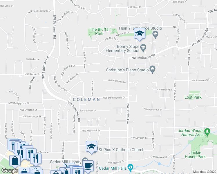map of restaurants, bars, coffee shops, grocery stores, and more near 12225 Northwest Old Quarry Road in Portland