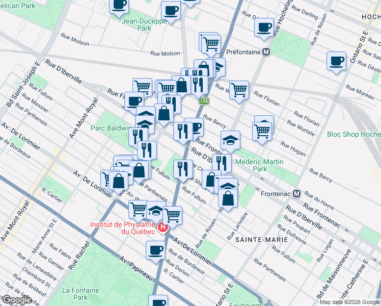 map of restaurants, bars, coffee shops, grocery stores, and more near 2490 Rue Sherbrooke Est in Montréal