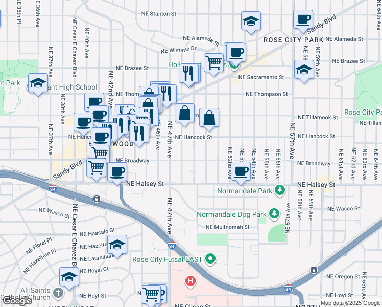 map of restaurants, bars, coffee shops, grocery stores, and more near 1725 Northeast 49th Avenue in Portland
