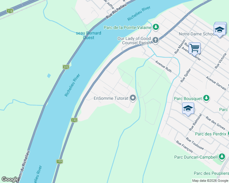 map of restaurants, bars, coffee shops, grocery stores, and more near 2384 Boulevard Dormicour in Otterburn Park