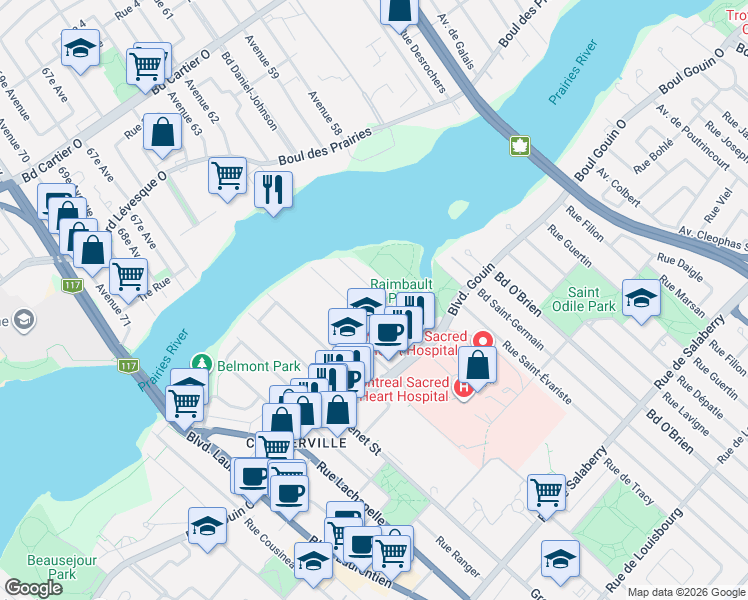 map of restaurants, bars, coffee shops, grocery stores, and more near 12396 Rue Notre-Dame-des-Anges in Montréal