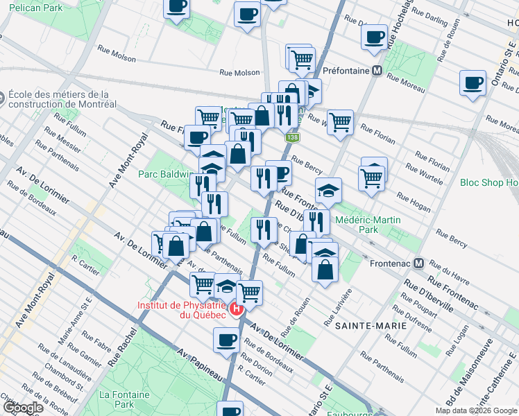map of restaurants, bars, coffee shops, grocery stores, and more near 3409 Rue Chapleau in Montréal
