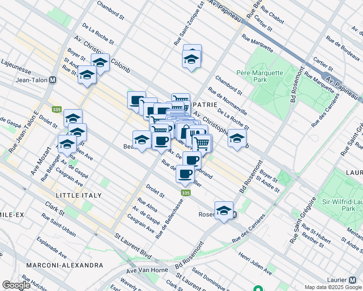 map of restaurants, bars, coffee shops, grocery stores, and more near 6366 Rue Saint-Hubert in Montréal