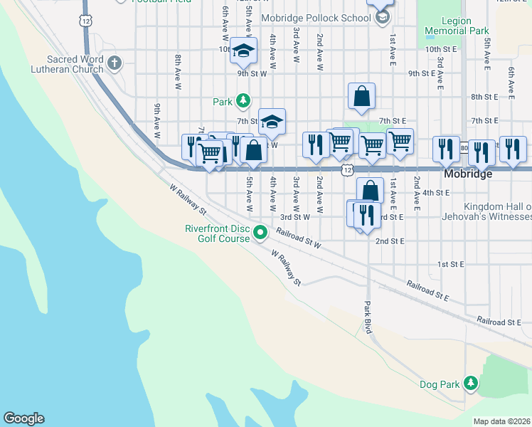 map of restaurants, bars, coffee shops, grocery stores, and more near 311 5th Avenue West in Mobridge