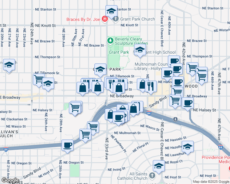 map of restaurants, bars, coffee shops, grocery stores, and more near 3350 Northeast Schuyler Street in Portland