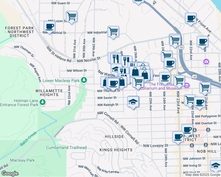 map of restaurants, bars, coffee shops, grocery stores, and more near 2795 Northwest Thurman Street in Portland