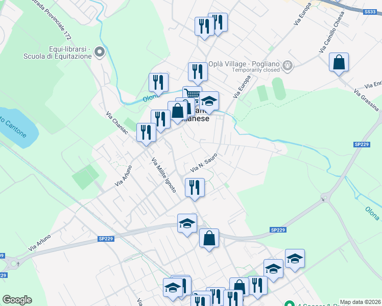 map of restaurants, bars, coffee shops, grocery stores, and more near Via Dante Alighieri in Pogliano Milanese