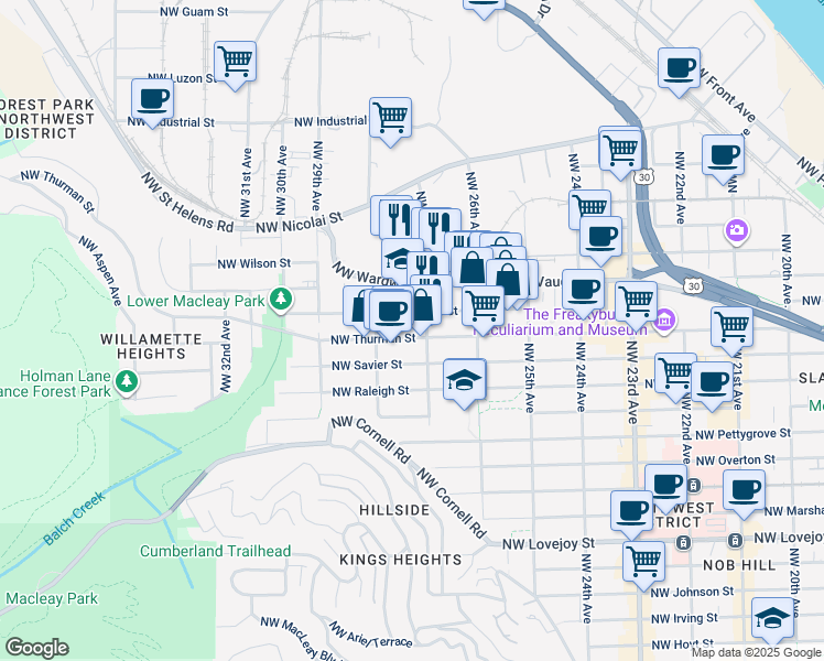 map of restaurants, bars, coffee shops, grocery stores, and more near 2725 Northwest Thurman Street in Portland