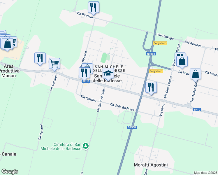 map of restaurants, bars, coffee shops, grocery stores, and more near 421 Via Desman in Borgoricco