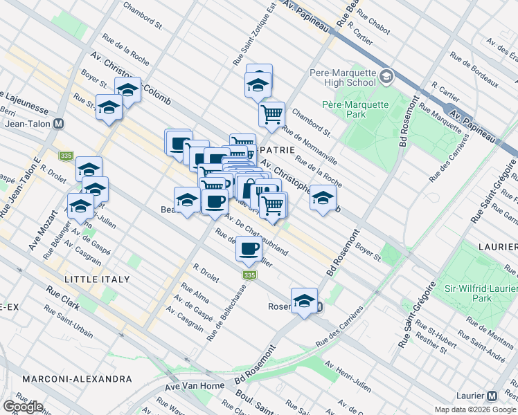 map of restaurants, bars, coffee shops, grocery stores, and more near 6315 Rue Saint-Hubert in Montréal