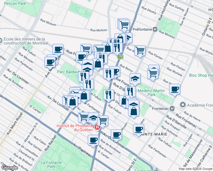 map of restaurants, bars, coffee shops, grocery stores, and more near 2453 Rue Sherbrooke Est in Montréal