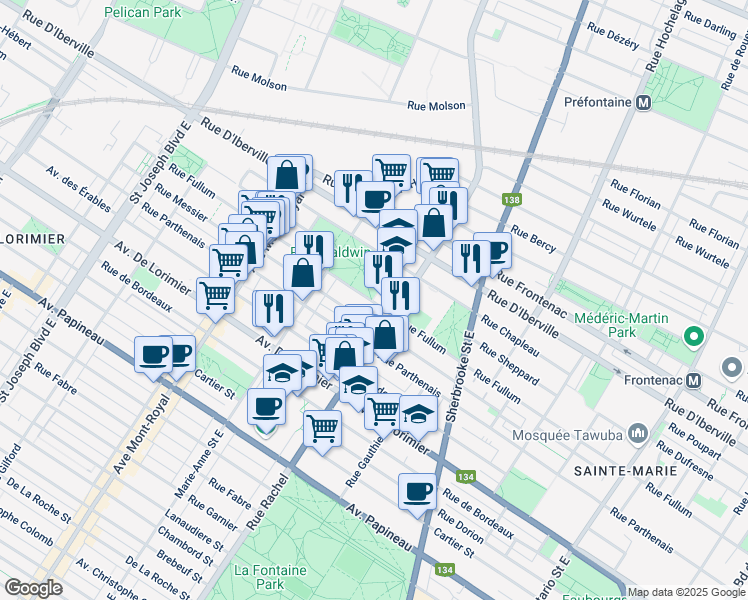 map of restaurants, bars, coffee shops, grocery stores, and more near 2300 Terrasse Mercure in Montreal