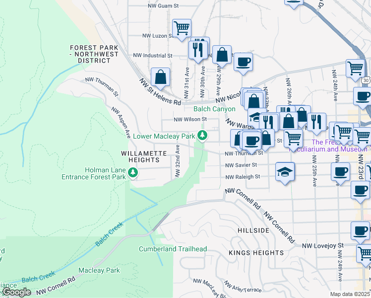 map of restaurants, bars, coffee shops, grocery stores, and more near 3114 Northwest Thurman Street in Portland