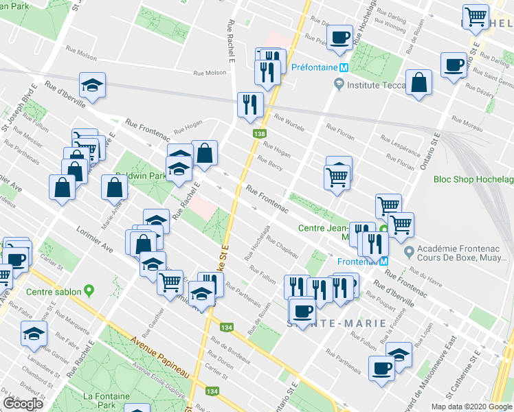 map of restaurants, bars, coffee shops, grocery stores, and more near 2579 Rue D'Iberville in Montréal