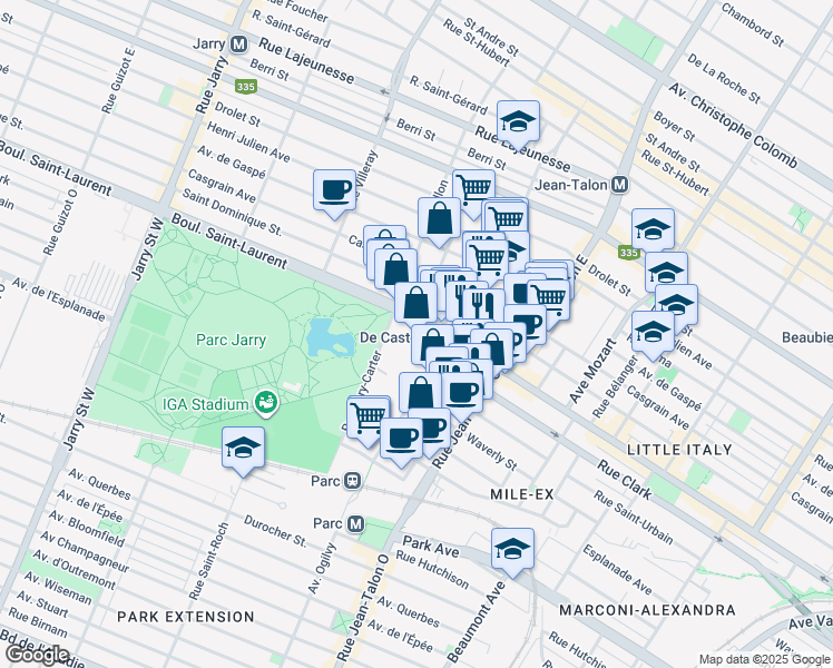 map of restaurants, bars, coffee shops, grocery stores, and more near 7400 Boulevard Saint-Laurent in Montréal