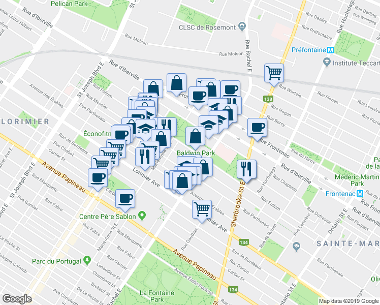 map of restaurants, bars, coffee shops, grocery stores, and more near 4252 Rue Fullum in Montreal