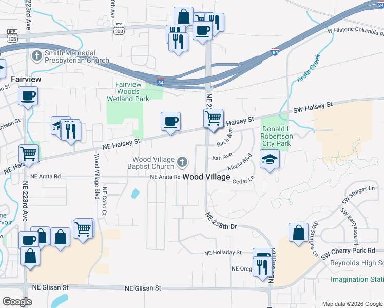 map of restaurants, bars, coffee shops, grocery stores, and more near 1717 Northeast Walnut Avenue in Wood Village