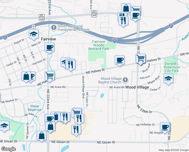 map of restaurants, bars, coffee shops, grocery stores, and more near 1724 Northeast 230th Court in Wood Village