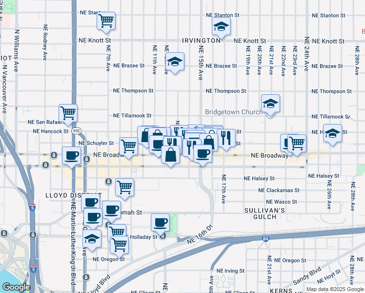 map of restaurants, bars, coffee shops, grocery stores, and more near 1312 Northeast Schuyler Street in Portland
